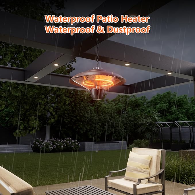 Patio Heater for Outdoor Use 1500W Electric Infrared Hanging Heater, Ceiling Mounted, Waterproof for Porch, Garage, Balcony, Overheat Protection (Brown)