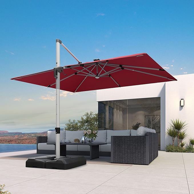 PURPLE LEAF Patio Umbrella with base 9' X 12' Outdoor Rectangle Cantilever Umbrella Solar Powered LED with 360-degree Rotation for Garden Deck Pool Patio, Terra