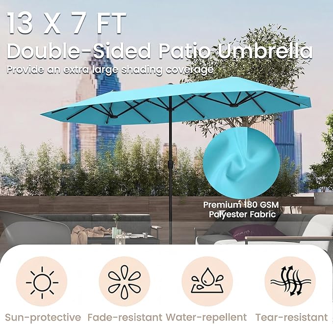 Tangkula 13 FT Large Patio Umbrella, Outdoor Double-Sided Table Market Umbrella w/Crank Handle, 12 Heavy-Duty Ribs, Sun-Protective Rectangular Twin Parasol for Garden Deck Lawn Poolside (Turquoise)
