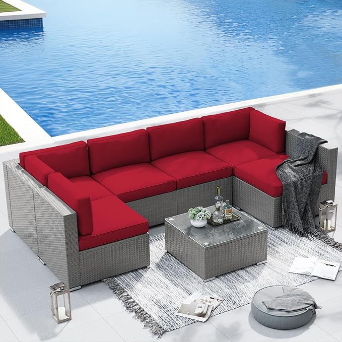 8 Pieces Outdoor Patio Furniture Set with Waterproof Cover, Grey Wicker Patio Sectional Sofa Set, Outdoor Couch with Cushion and Tempered Glass Table, Red
