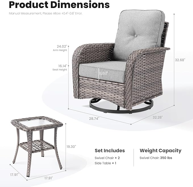 ovios 3-Piece Patio Furniture Set, Outdoor Wicker Sofa with Swivel Chairs, High Back Rattan Gliders Rocker with Comfy Cushions for Porch Yard Deck, Dark Grey
