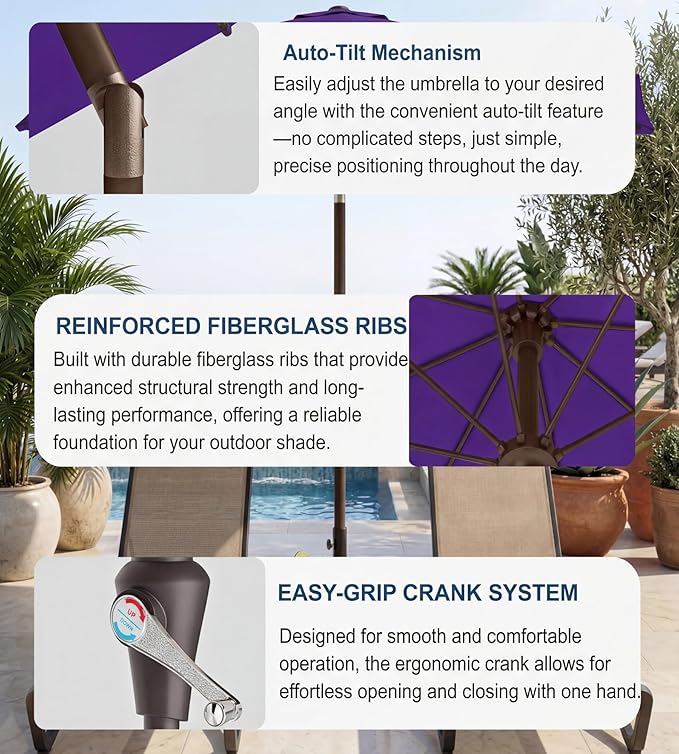 PatioKingdom Auto-Tilt 9FT Patio Umbrella Outdoor with 8 Sturdy Fiberglass Ribs,Market Table Umbrella for Pool,Backyard,Deck and Garden