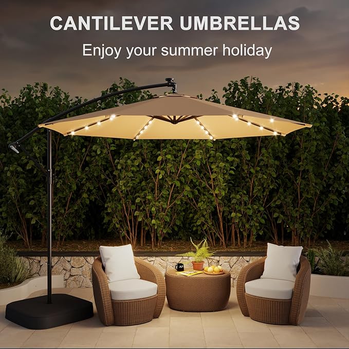 10FT 40-LED Solar Lighted Patio Umbrella with Base Included, Outdoor Offset Cantilever Umbrella, Infinite Tilt, UV Protection for Backyard, Lawn, Garden & Pool