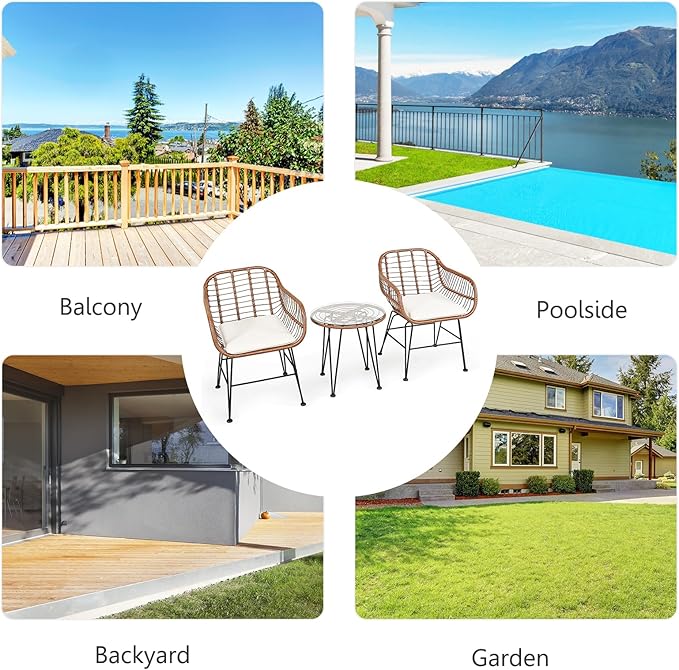 DORTALA 3 Piece Patio Bistro Set, Outdoor Wicker Furniture with Round Tempered Glass Top Table & 2 Rattan Armchairs, Cushions, Conversation Set for Porch, Backyard, Garden, White