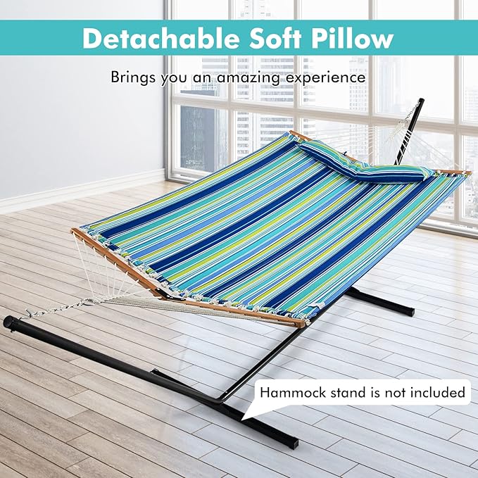 Giantex Hammock Swing Camping Hammock for Stand with Spreader Bar, Detachable Pillow, Hand Woven Cotton Ropes, Outdoor Hammocks for Patio, Backyard, Poolside(Hammock Without Stand) (Blue + Green)