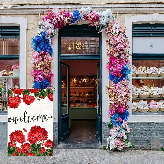 Spring Summer Geranium Welcome House Flag 12x18 Inch Double Sided Welcome Bee Red Floral Yard Flag Mothers’ Day Yard Flags Summer Farmhouse Holiday Outside Decorations