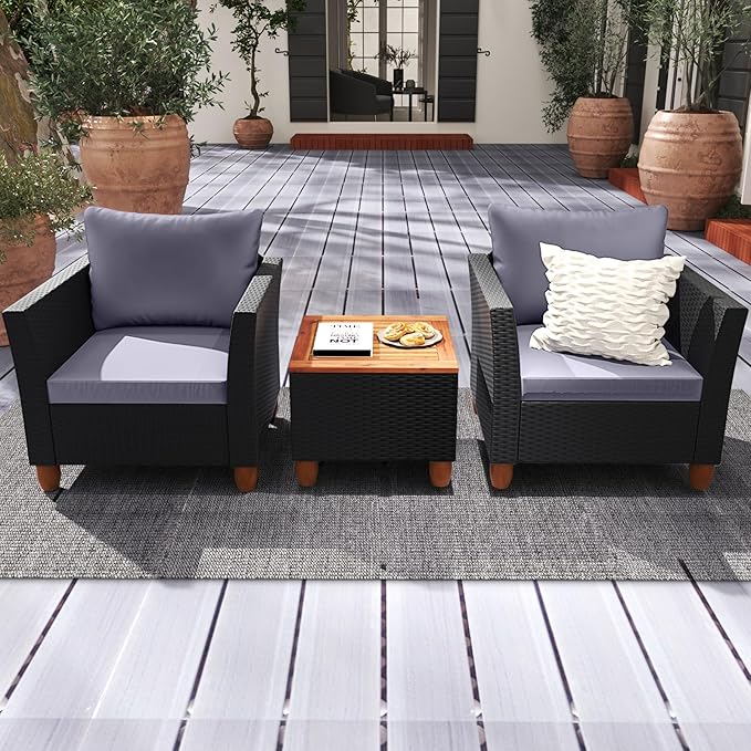 HAPPYGRILL 3 Pieces Patio Furniture Set PE Rattan Wicker Sofa Set with Storage Coffee Table, Cushions, Acacia Wood Outdoor Conversation Set for Balcony Backyard Porch Garden