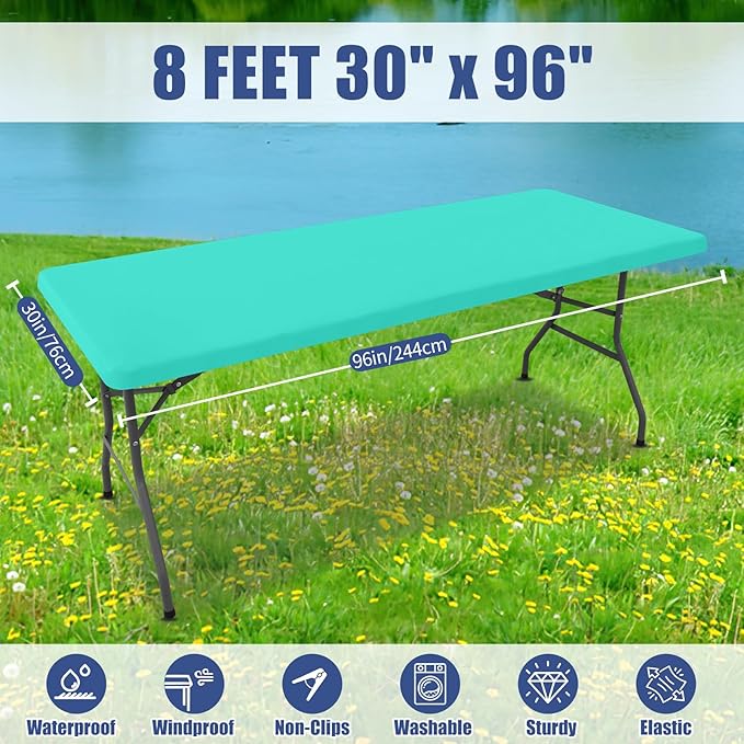 Moosfor Spandex 8 Foot Rectangle Table Cloth 2 Pack, Elastic Fitted Tablecloths for Picnic, Stretch Washable Patio Table Cover for Outdoor, Camping, Banquet and Parties(Aqua Blue, 30"x96")
