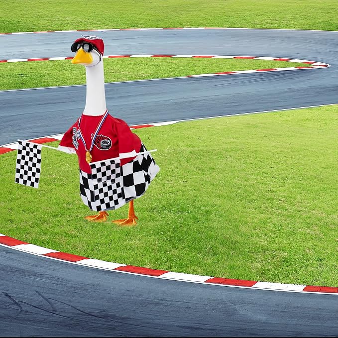 CAMDUCK Porch Goose Racing Outfits Race Car Driver Outfit Costume Racer Checkered Goose Clothes for Cement Lawn Geese