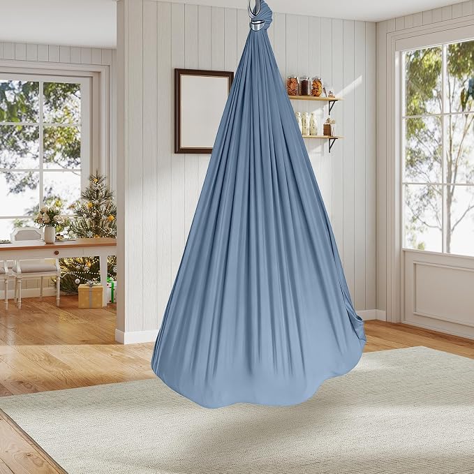 PrecisionAuto Dual-Layer Cotton Sensory Hammock Swing for Kids & Adults – Calming Deep Pressure, 360° Swivel, Adjustable Height, Indoor Outdoor, Heavy Duty, Autism & ADHD Relief, Haze Blue