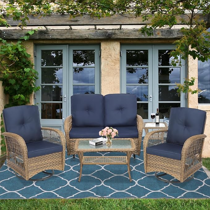 5-Piece Wicker Patio Furniture Sets Outdoor All-Weather Rattan Conversation Set Includes Glider Loveseat, 2 Glass-Top Coffee Tables, 2 Swivel Rocking Chairs for Porch Backyard, Navy Blue