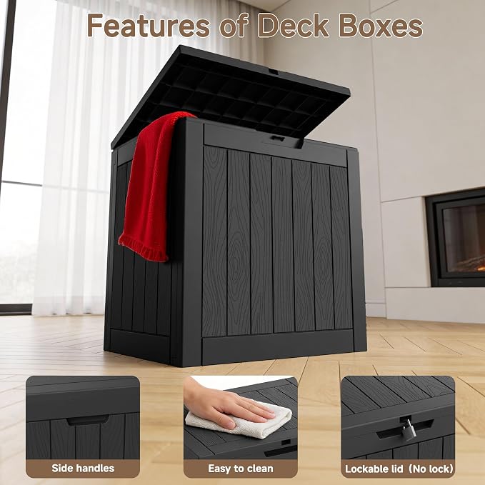 Deck Box Large Outdoor Storage for Patio Furniture,Outdoor Cushions,Garden Tools and Pool Supplies,Waterproof,Resin,Lockable (Dark black, 37 Gallon)