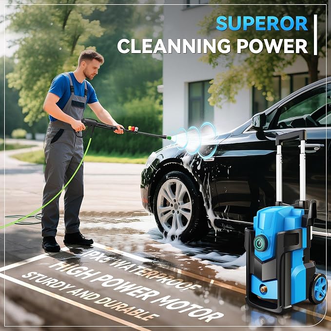Pressure Washer 5000PSI, Heavy Duty Power Washer Electric Powered, with 4 Nozzles,Foam Cannon,33FT Hose and 500ml Soap Bottle,Car Wash Machine/Car/Driveway/Patio Clean,Light Blue