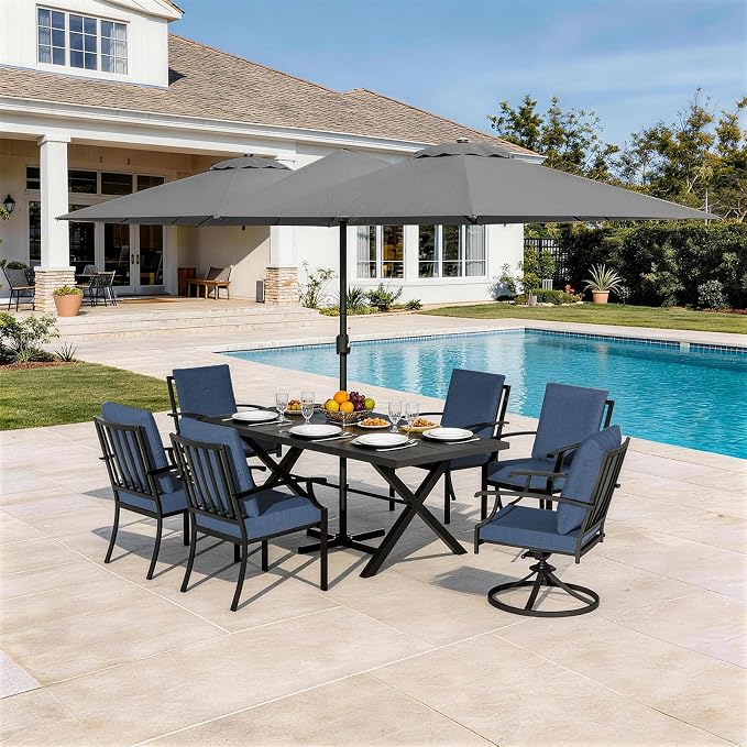 8 Pieces Patio Dining Set,Metal Outdoor Furniture Set Includes 13.6FT Grey Umbrella,Hole Cut-Out 78.7" x 35.4" Table and 6 Metal Backrest Chairs for Backyard,Garden,Navy