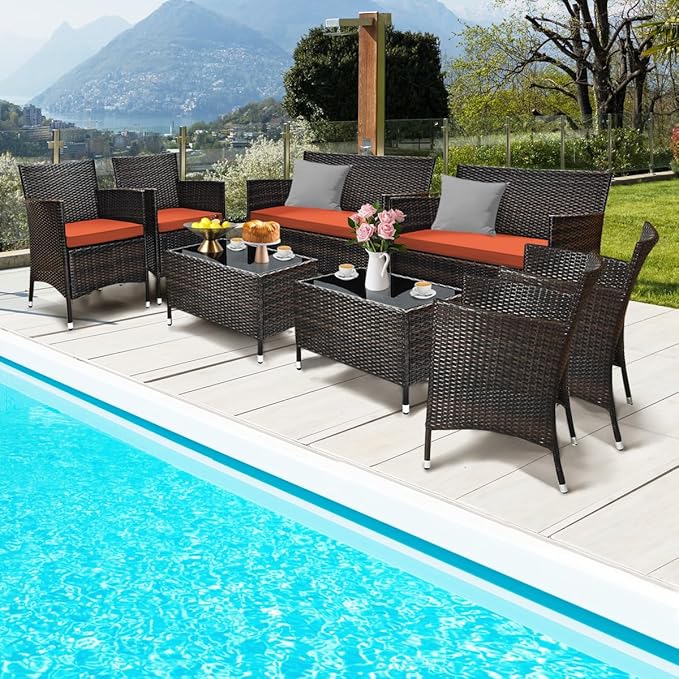 8 Pieces Patio Sofa Set, Wicker Conversation Set with Ergonomic Curved Backrest, Water-Resistant Cushion & Tempered Glass Table for Balcony, Porch (Orange)