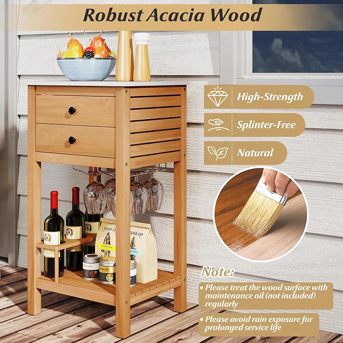 Goplus Outdoor Side Table, Acacia Wood Bar Table w/Marble-Like Countertop, 2 Storage Drawers, Bottom Shelf, Glass & Wine Holders, Small Buffet Sideboard for Patio, Backyard, Garden, Deck Corner
