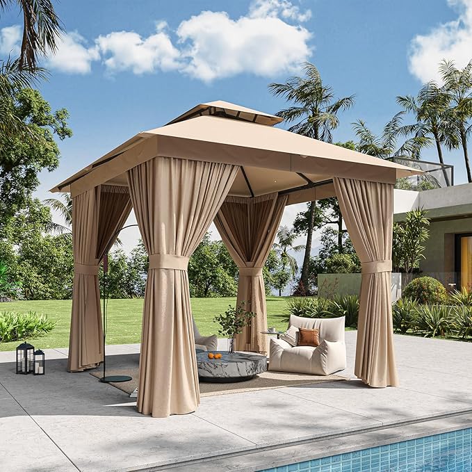 8'x8' Gazebo, Outdoor Gazebo Metal Frame Canopy with Double Roofs, Heavy Duty Patio Tent Shelter with Mosquito Netting and Privacy Screen for Backyard, Beige