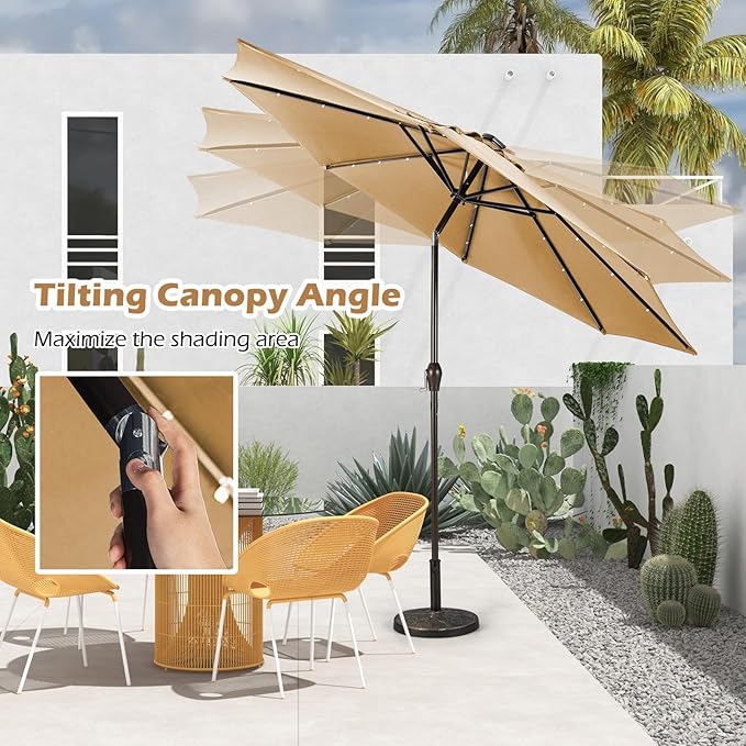 Giantex 9ft/10ft Outdoor Patio umbrella with Solar Lights, Table Market Umbrella with Crank and Push-button Tilt System, Solar LED Lighted Patio Umbrella for Backyard Deck Pool Beach