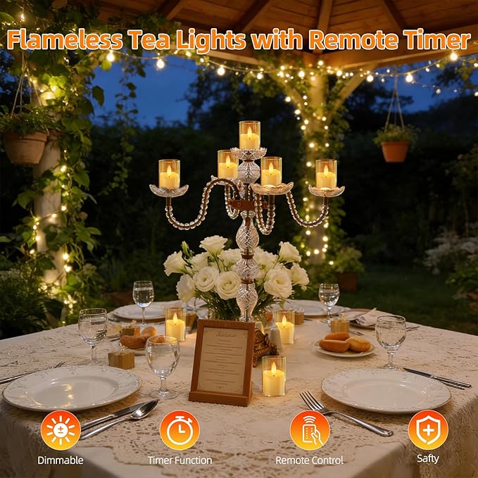 Rechargeable Acrylic Flameless LED Tea Lights with Timer, Flickering Warm Glow Votive Candles, Remote Battery Operated Set for Holiday & Daily Table Decor (Set of 6, Amber)
