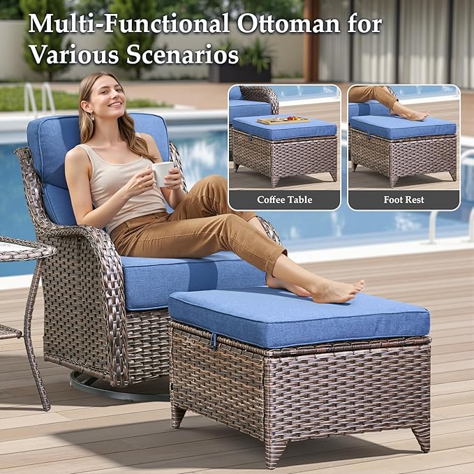 Luxury 8 Pieces Outdoor Patio Furniture Set-All Weather Wicker Swivel Rocker Patio Chairs with 6" Thick Cushion Rattan Sofa Coffee Table, Outdoor Conversation for Garden Porch Backyard(Brown/Blue)