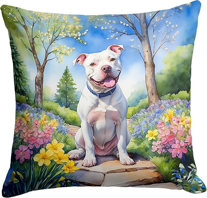 Caroline's Treasures Pit Bull Terrier Spring Path Throw Pillow Machine Washable, Indoor Outdoor Decorative Pillow for Couch, Bed or Patio, 18Hx18W