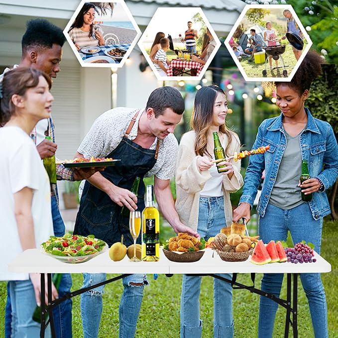 Portable Folding Table 6ft Heavy Duty Plastic Foldable Table with Carrying Handle Outdoor Indoor Plastic Dining Table for Camping and Party Picnic, White