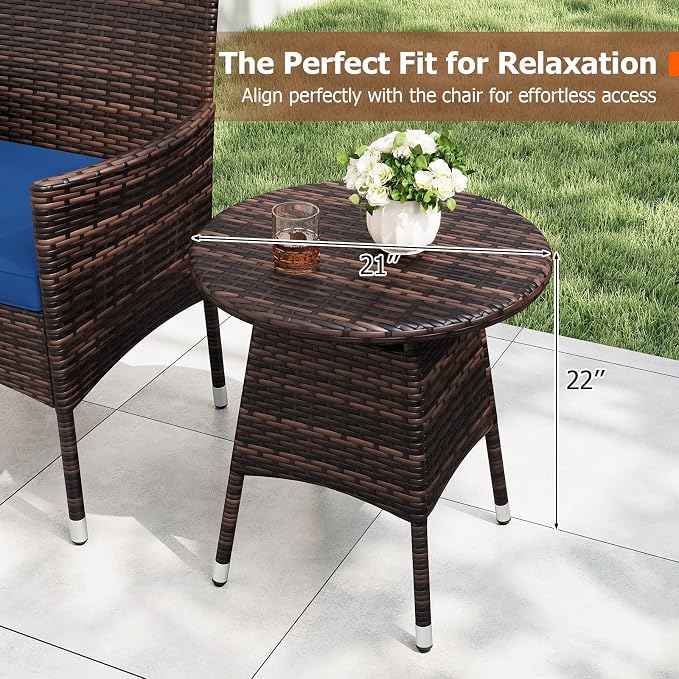 Tangkula 3 Piece Patio Furniture Set, Hand-Woven PE Wicker Conversation Set with Contoured Armchairs, Cushions & Round Coffee Table, Outside Bistro Set for Porch, Backyard, Balcony (Navy Blue)