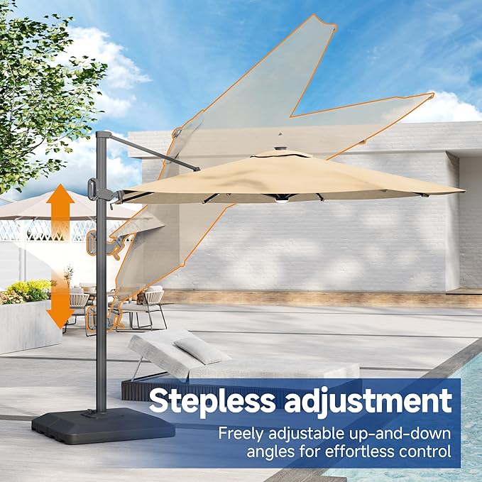 FLAME&SHADE 11ft Cantilever Patio Umbrella with Base, Round Offset Umbrella with Solar Light Strips, Large Heavy Duty Outdoor Aluminum 360° Rotation,for Deck,Pool,Backyard