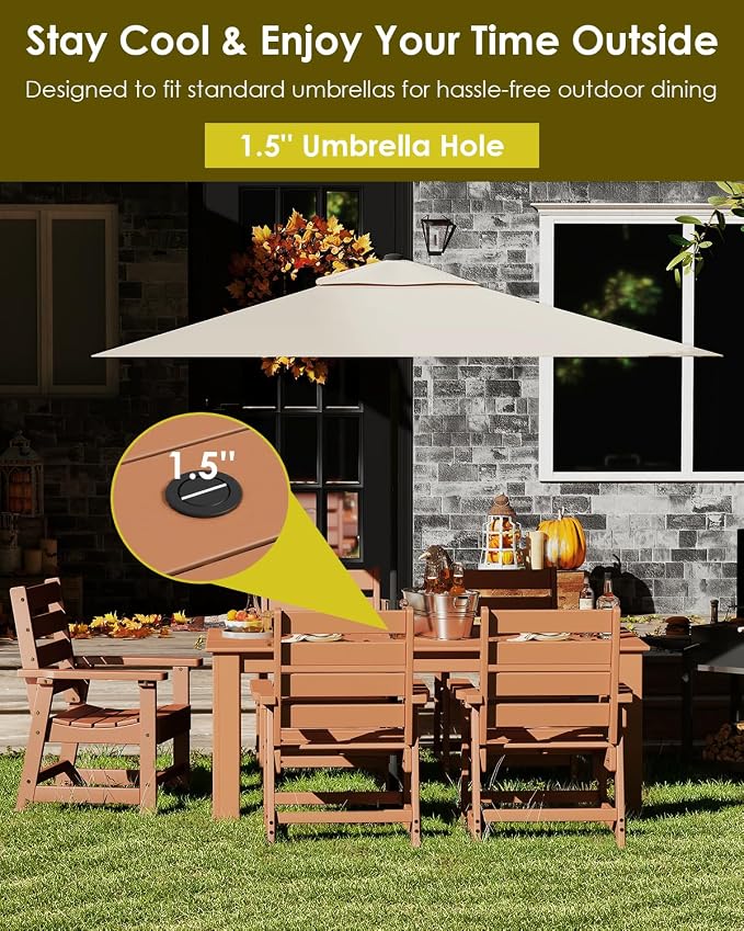 GREENVINES 5-Piece Outdoor Dining Set | HDPE | Patio Table and Chairs Sets for 4 | Patio Furniture | All Weather | Umbrella Hole | Teak | for Backyard Poolside Garden
