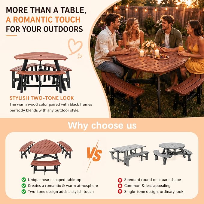 Thanaddo Wood Picnic Table, 43” Tabletop with Umbrella Hole, 3-6 Person Outdoor Wooden Picnic Table Bench Set for Patio, BBQ, Dining, Brown