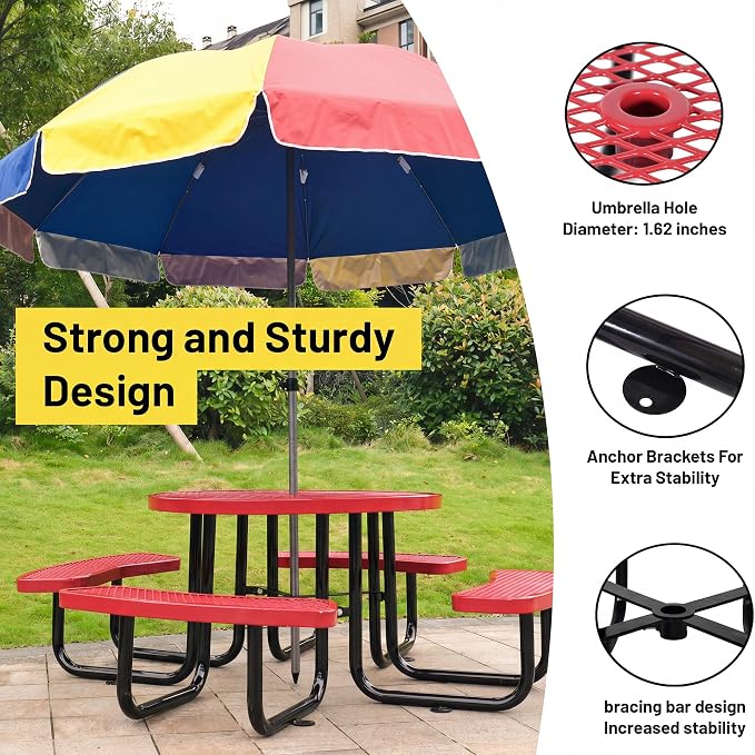 46" Round Metal Picnic Table for 4-8 Person, Durable Heavy Duty Commercial Picnic Table with Umbrella Hole for Outdoor Coffee Shop, School, Hospital, Easy to Install, Red