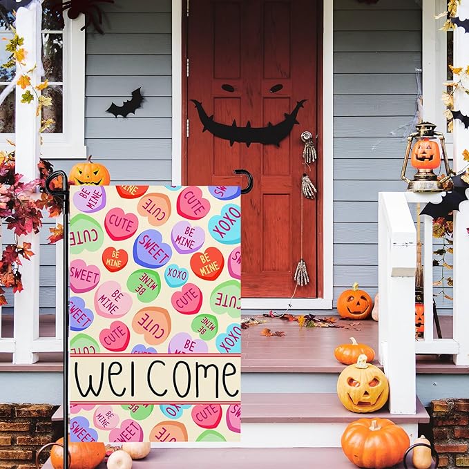 Happy Valentines Day Garden Flags 12x18 Inch Double Sided Outdoor Love Hearts Candy Holiday Decoration for Anniversary Wedding Garden Outside Flag