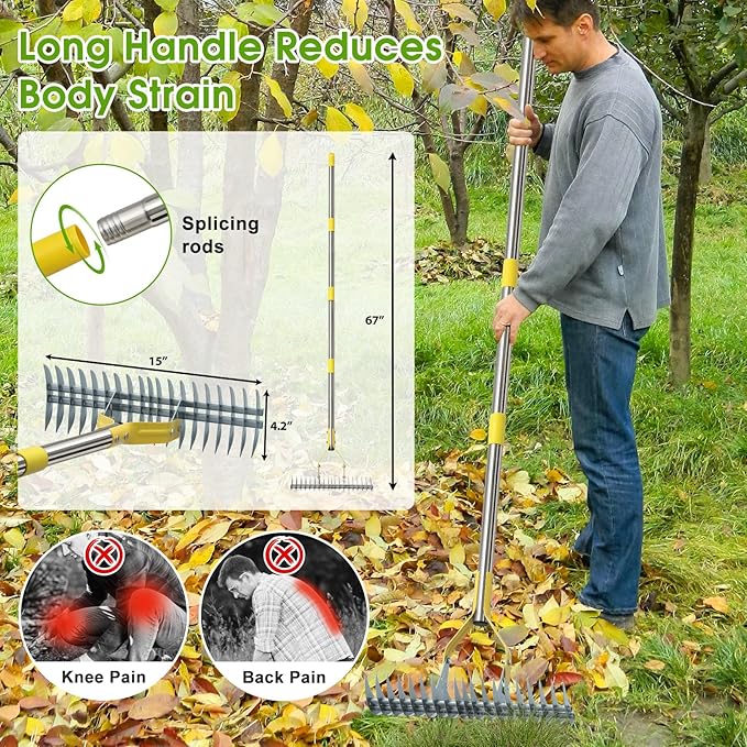 2-in-1 Thatch Rake for Lawn 70" Long Stainless Steel Thatching Rake with Sharp Dethatching Blade Manual Dethatcher & Scarifier Tool for Dead Grass Removal,Soil Loosening Garden Yard Lawn Care