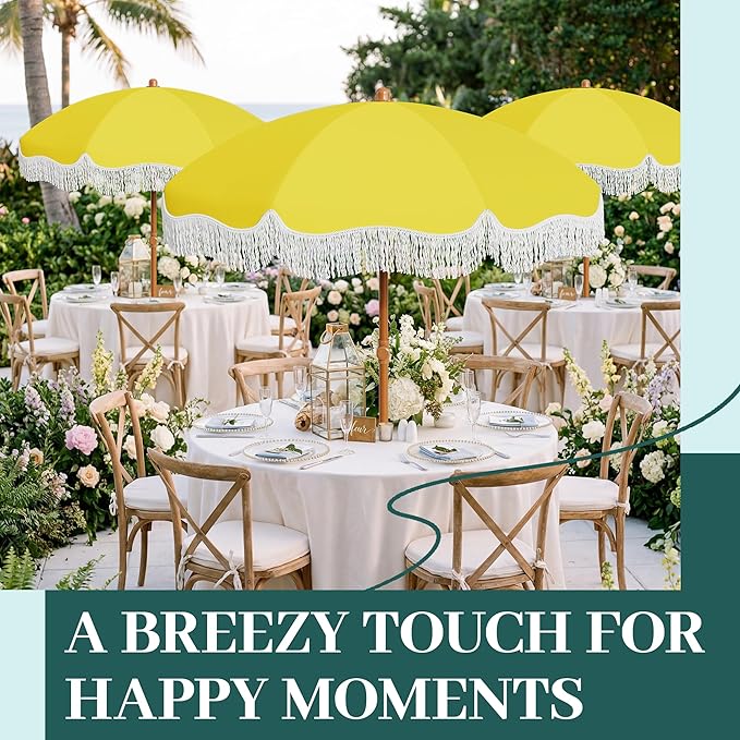 AreShark 7ft Patio Umbrella with Fringe, UPF50+ Beach Umbrella for Table, Pool & Garden, Portable Outdoor Tassels Umbrella w/Fiberglass Ribs&Push Bottom Tilt(Yellow)