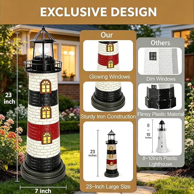 Garden Statues 23" Coastal Solar Lighthouse Garden Decor Waterproof Solar Lights Outdoor Decorative Beach Pool Patio Lawn Yard Decorations, Unique Housewarming Gift Garden Gifts for Family Friends