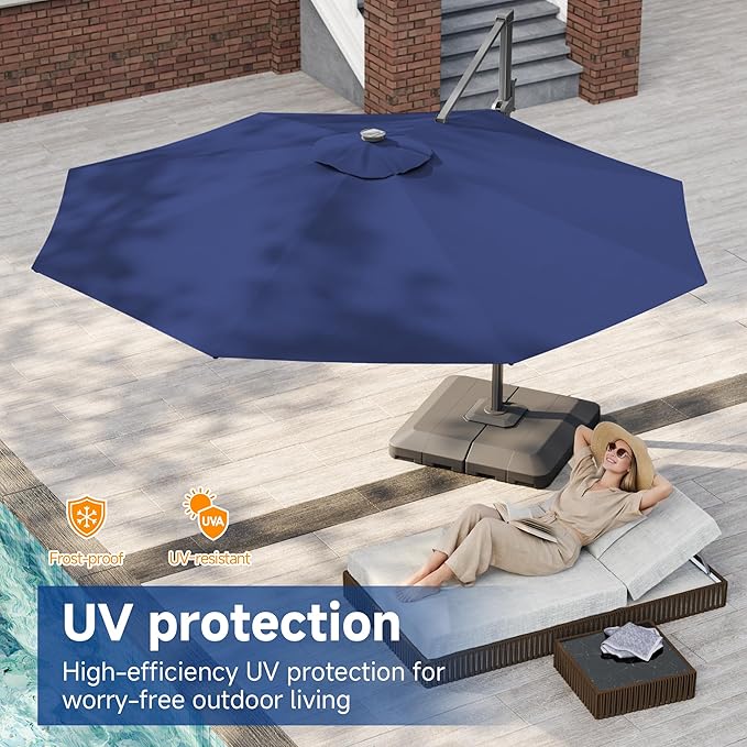 FLAME&SHADE 11ft Cantilever Patio Umbrella with Base, Round Offset Umbrella with Solar Light Strips, Large Heavy Duty Outdoor Aluminum 360° Rotation,for Deck,Pool,Backyard