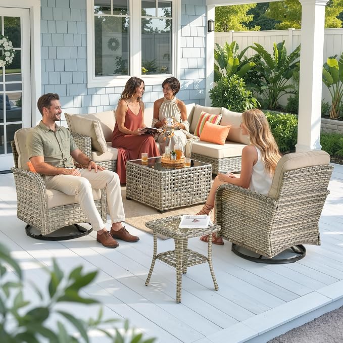 CAODOC Outdoor Sectional Patio Furniture Set,8 Pieces Wicker Conversation Sets L Shaped Couch,Out Door Sofa Outside Furniture with Swivel Chairs,Beige
