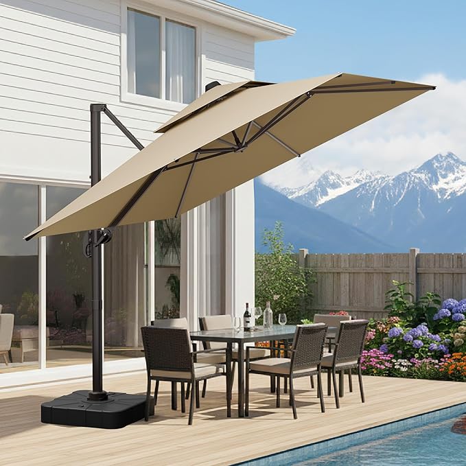 10x10 FT Patio Umbrella, Large Cantilever Double Top Heavy Duty Offset Umbrellas with 360° Rotation, Outdoor shade for Garden Deck Pool, Beige