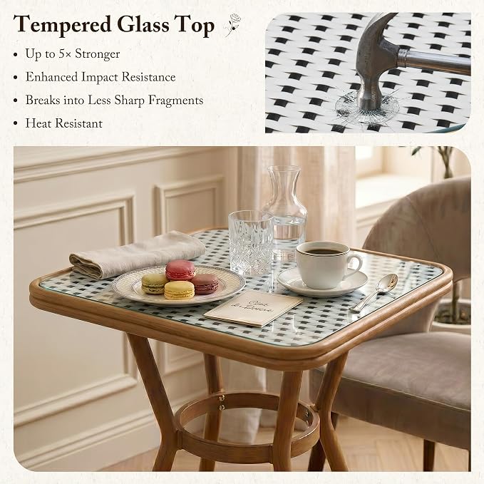 PURPLE LEAF 5-Piece French Bistro Dining Set Square Outdoor Patio Table and 4 Armless Chairs Tempered Glass Top PE Rattan Champagne Print Finish Aluminum Frame White