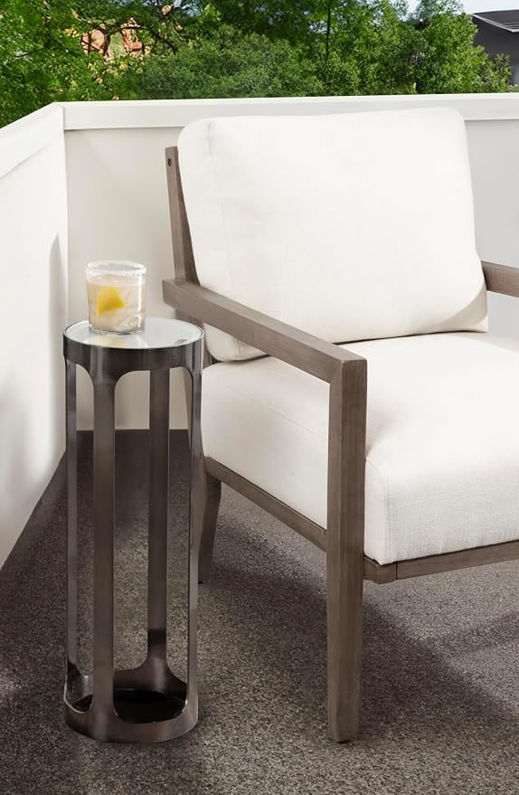 Kate and Laurel Dahl Modern Round Glass Top Outdoor Drink Table; 8 x 8 x 23; Clear Glass and Gray Gunmetal; Circle Pedestal Patio Mini Table for Living Room Plant Stand or Small Bedroom Nightstand