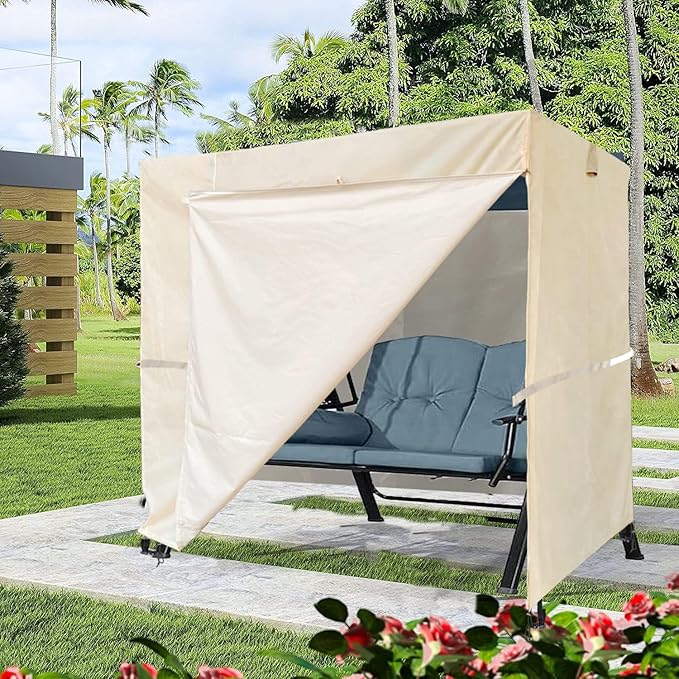 Outdoor Swing Cover 3 Triple Seater Hammock Cover Garden Swing Cover Garden Hammock Glider Chair Cover Patio Furniture Cover UV Resistant Swing Canopy Cover All Weather Protection Beige