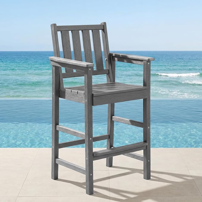 Outdoor Bar Stools, All Weather HDPE Counter Height Bar Chair with Wide Armrests & Footrest, Heavy-Duty Balcony Tall Adirondack Chair for Patio, Balcony, Pool, Backyard, Grey