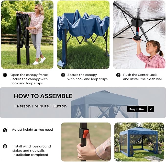 10x10 Pop Up Canopy Tent with Netting,Outdoor Portable Instant Folding Gazebo with 4 Ropes,4 Sandbags and Wheeled Storage Bag,3 Height Positions,Canopy for Patio,Yard,Camping (Blue)