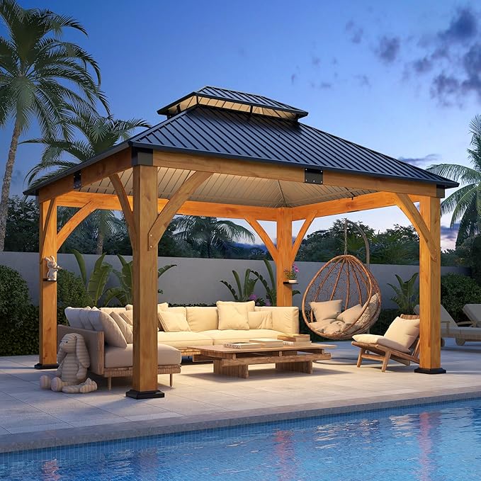 COVERONICS 11FT x 13FT Outdoor Spruce Wood Gazebo - Patio Wooden Frame Gazebo with Galvanized Steel Double Roof, Heavy-Duty Hardtop Gazebos for Garden, Poolside, Deck, Backyard