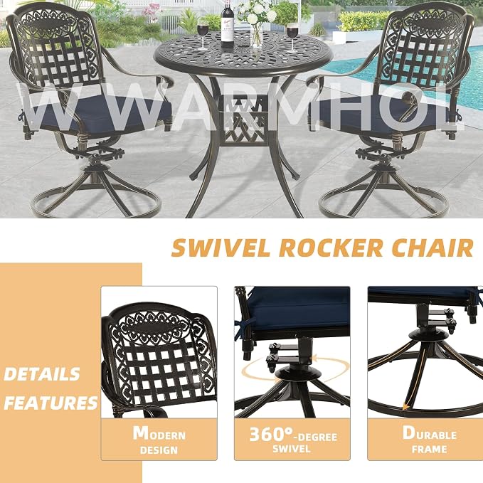 3-Piece Outdoor Patio Dining Set, All-Weather Cast Aluminum Patio Furniture Set for Backyard Garden Deck with 2 Swivel Cushioned Chairs and 31” Round Table, 2" Umbrella Hole, Navy Blue