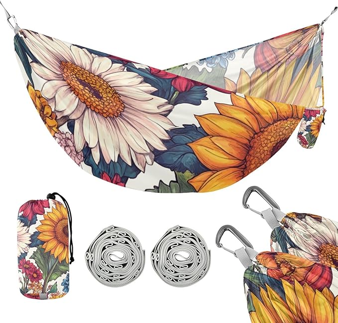 Florals Sunflower Zinnia Hyacinth Outdoor Hammock with Hanging Ropree Hammock for Outside Patio Garden