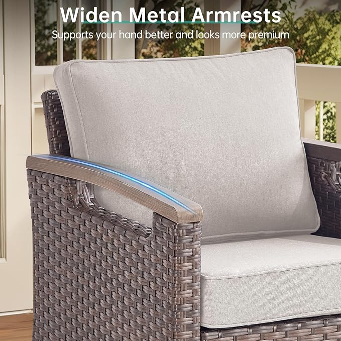 Luxury Outdoor Swivel Rocker Patio Chairs with Metal Side Table - 5 Piece Heavy Duty Furniture Set All Weather Wicker Conversation Set with 2 Ottomans for Porch Poolside and Deck - Beige