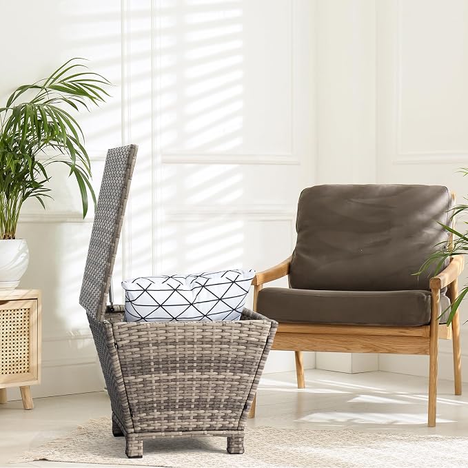 Outdoor PE Wicker Side Table with Storage, 13 Gallon Patio Storage Bin Container for Hose Cushion Towel, Gradient Rattan End Table for Backyard Garden Deck, 112 lbs Capacity, Gray