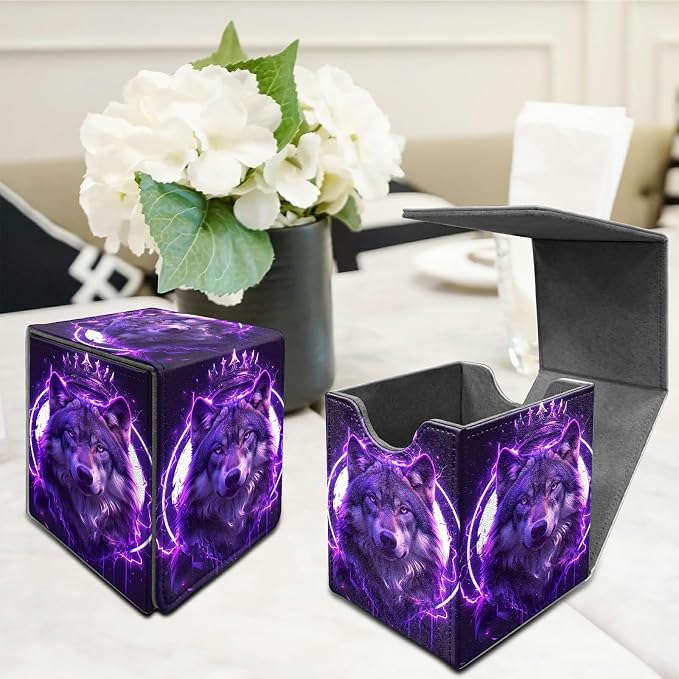 Cool Wolf Purple Card Deck Box for MTG, Personalized Card Storage Case Fits 120+ Sleeved Cards, Premium Leather TCG Box with Strong Magnetic Closure for Magic, CCG, PTCG, Baseball Cards