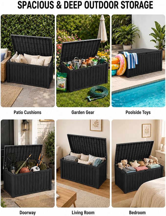 MAKINO 205 Gallon Large Waterproof Deck Box, Heavy Duty Resin Outdoor Storage Box, Outdoor Storage Bench with Hydraulic Rod for Patio Furniture/Cushions/Garden Tools/Backyard/Pool Accessories, Black